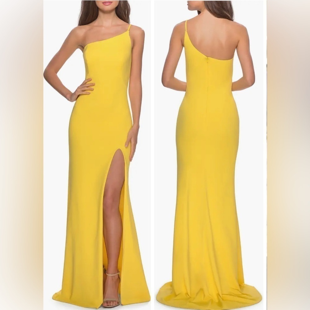 New! La Femme 28176 one shoulder jersey gown dress yellow nwt 13229